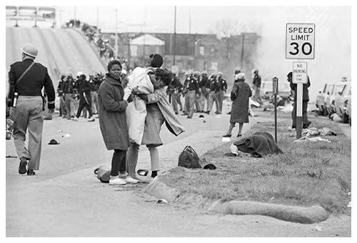 Scene at the foot of the Edmund Pettus Bridge in Selma, Alabama, after civil rights marchers were beaten and gassed by Alabama state troopers and Dallas County deputies on Bloody Sunday.