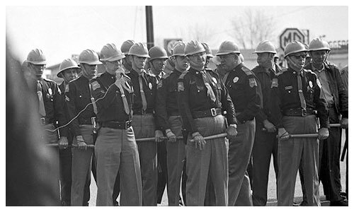 State troopers blocking civil rights marchers on U.S. Highway 80 in Selma, Alabama, on Turnaround Tuesday.