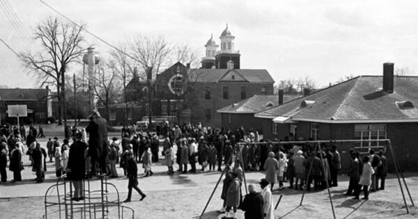 Civil rights marchers lined up on the playground of the George Washington Carver Homes neighborhood in Selma, Alabama, on Bloody Sunday.