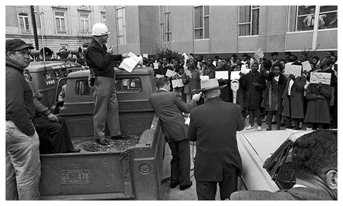 Sheriff Jim Clark speaking to "Freedom Day" marchers at the Dallas County Courthouse in Selma, Alabama, during a voting rights demonstration.